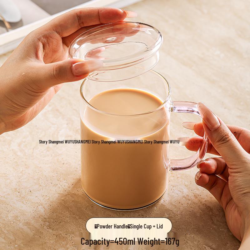 High-Temperature Resistant Borosilicate Glass Cup with Flat Bottom, Lid, and Handle - Explosion-Proof for Tea or Milk