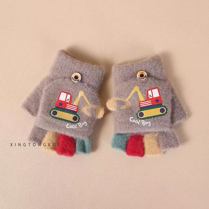 Herbst- und Winter-Kinderhandschuhe Cartoon Bagger Muster Bunte Halbhand Strickhandschuhe Warm und Kältefest Plüsch Klapphandschuhe