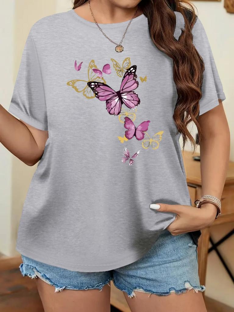 Butterfly Floral Print Women T-Shirt Summer Casual Short Sleeve Crewneck Tops Oversized Boho Flower Graphic Tee Summer Tops