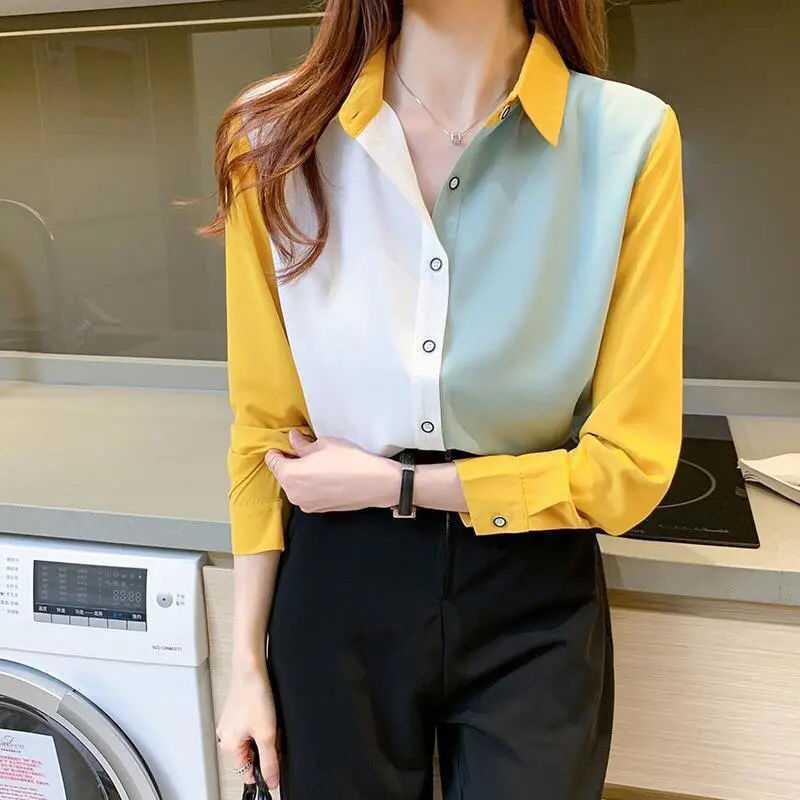Korean Color-Block Long-Sleeve Chiffon Shirt for Women