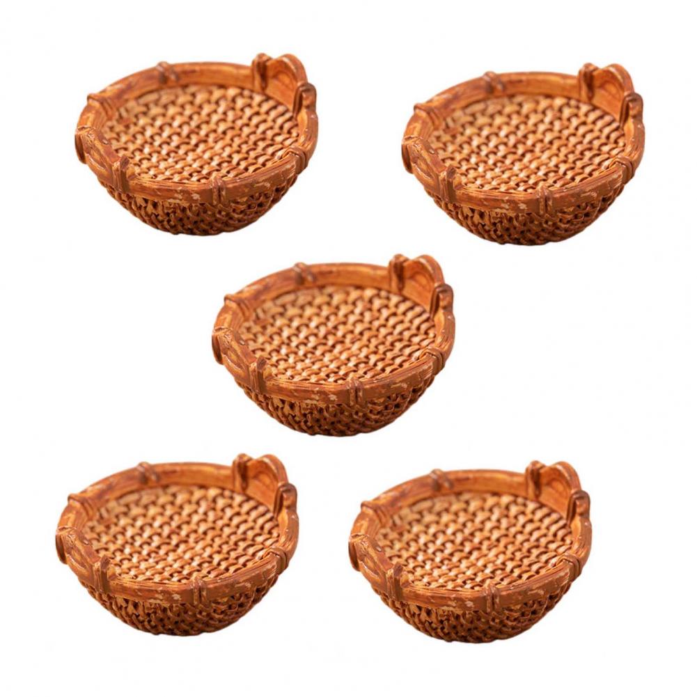 Miniature Decorative Basket Resin Mini Basket 5 Pcs Fairy Garden Micro Mini Resin Rattan Baskets Dollhouse Woven Basket Decor