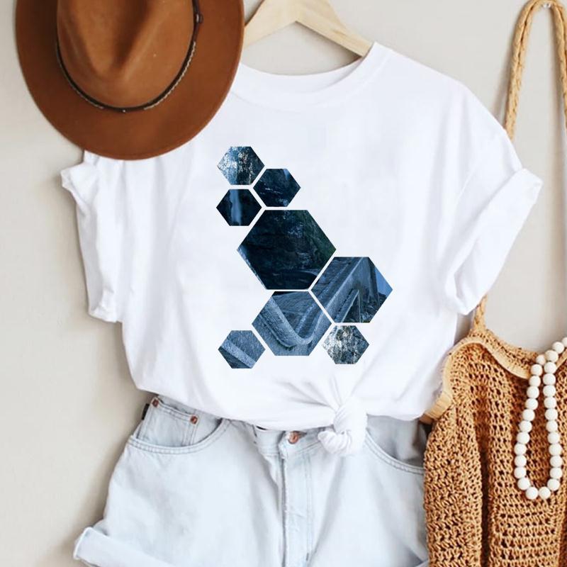 Fashion Casual Landscape Mountain Graphics Womens T-Shirt 90S Summer Blouse Loose White Short Sleeve O-Neck Female Tops Clothing