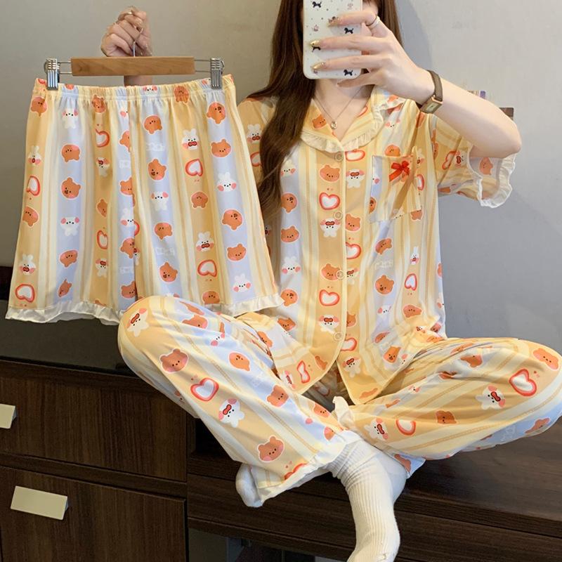 

Cute brown bear pajamas women s summer new imitation cotton short-sleeved thin cartoon loungewear three-piece set 2XL [Recommended 135-75kg]