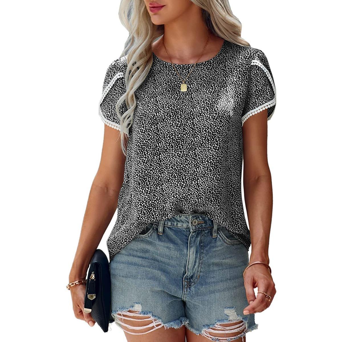

Женская элегантная футболка с коротким рукавом, базовая майка, сшитая из кружева в горошек, модная повседневная футболка для европейцев и американцев S
