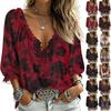Women's Casual V-Neck Print Blouse with Tie Front and Three-Quarter Ruffle Sleeves
