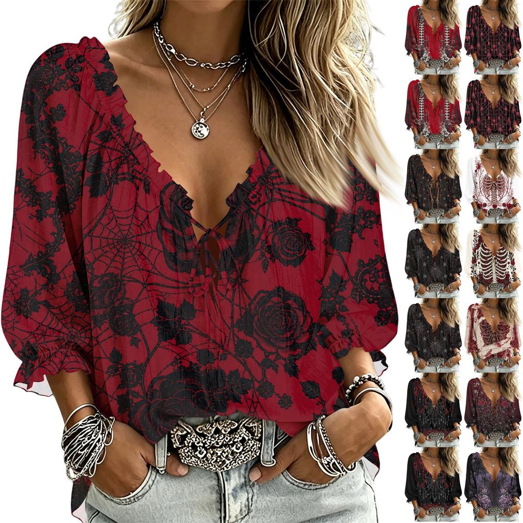 Women's Casual V-Neck Print Blouse with Tie Front and Three-Quarter Ruffle Sleeves