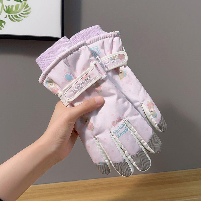 Женские Милые Медвежьи Лыжные Перчатки: Теплые, Водонепроницаемые, На флисовой подкладке, Совместимые с сенсорным экраном, Нескользящие велоперчатки для зимы.