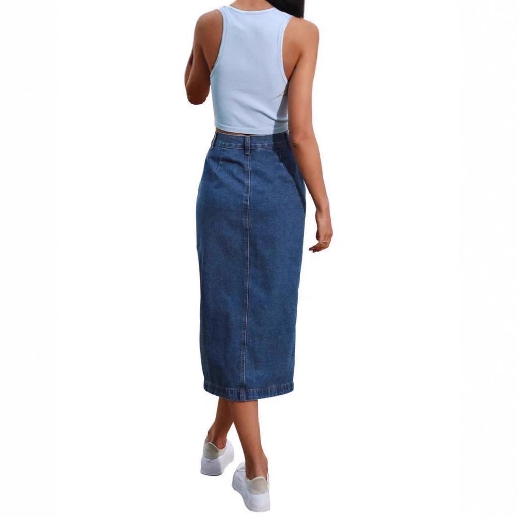 Gonna Midi in Denim Donna Vita Alta Spacco Alto Asimmetrico Chiusura con Bottoni Gonna Dritta in Jeans Streetwear Estate Casual Fondo