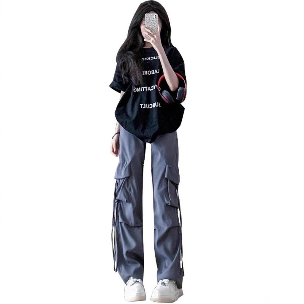Petite High Waist Gray Wide Leg Cargo Pants for Women - Spring/Summer 145cm Length