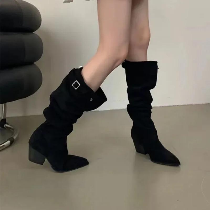 Knee-high Square Heel Modern Boots Spring/autumn Slip-on Female Shoes on Sale 2024 Brand Mid Heel Solid Pleated Women's Boots