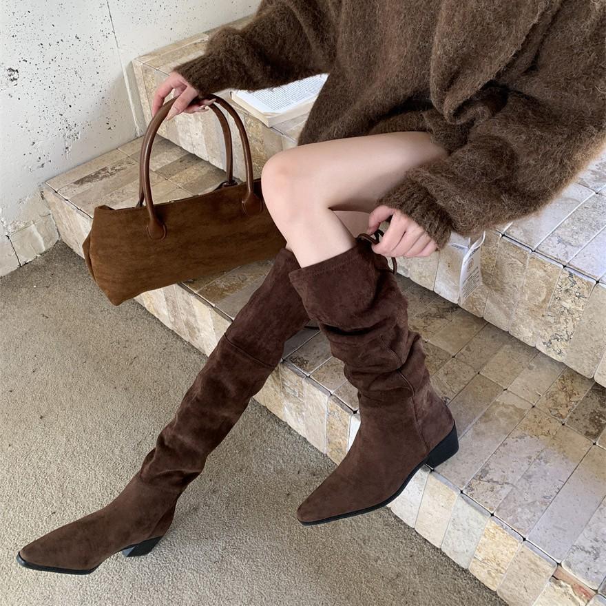 Over-knee women's boots 23 autumn and winter thick heel strap-up high elastic boots 3cm suede flat-bottomed knight boots