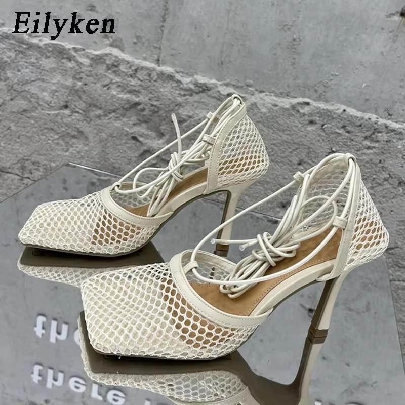 Fashion Eilyken Sexy Mesh Pumps Sandals Female Square Toe High Heel Lace Up Cross-tied Stiletto Hollow Dress Shoes Size 35-42