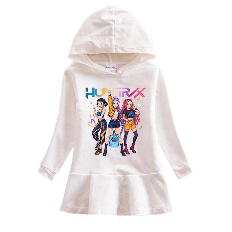Kpop Monster Hunter Girl Group Ruffle Cartoon Rainbow Long Sleeve Hooded Princess Dress for Kids