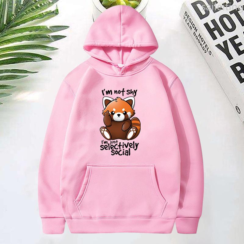 Panda I'M Not Shy I'M Just Selectively Social Printed Kangaroo Pocket Hoodie Women Winter Clothes Aesthetic Clothes