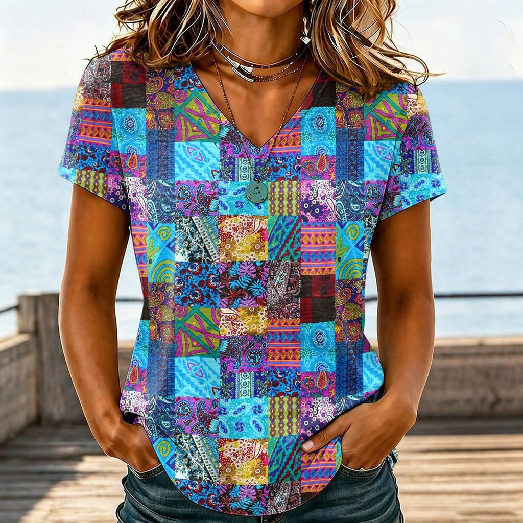 Damen Casual V-Ausschnitt Blumenprint Kurzarm T-Shirt Leichter Weicher Stoff Lockere Passform Oberteil für den Alltag