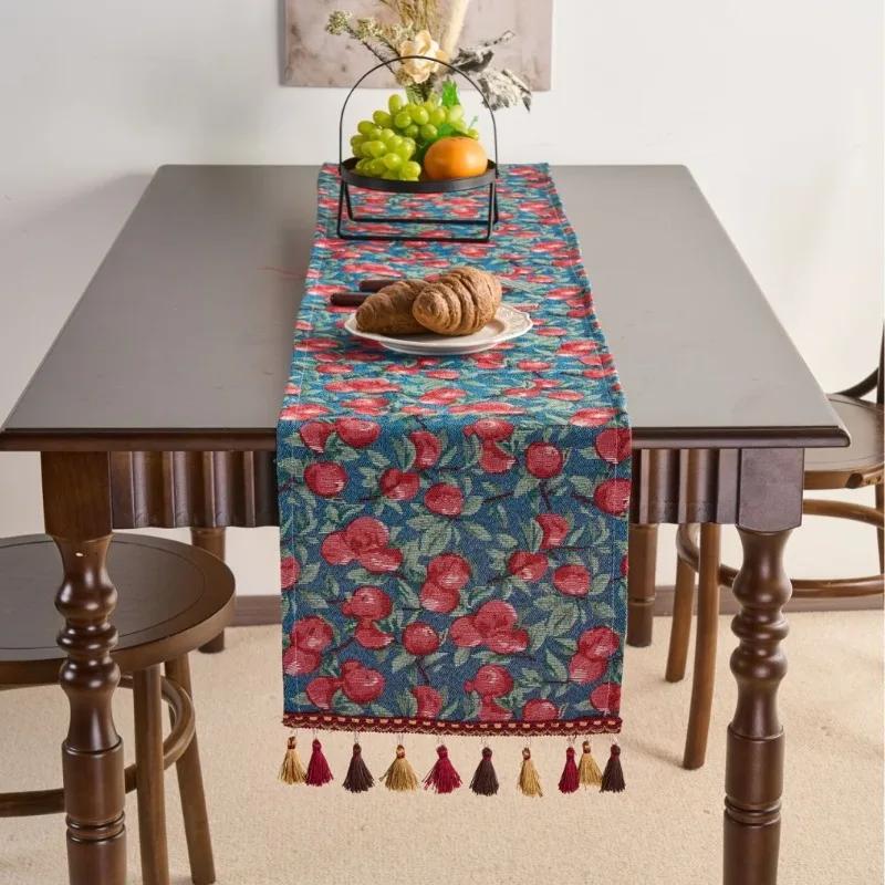 Chinese Style Vintage Tassel Table Runner Jacquard Living Room Bed Tail Coffee Dining Table Decoration Accessories Rustic Decor