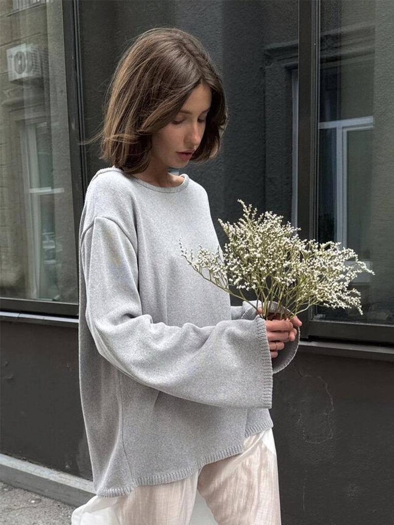 Women Backless Loose Knit Sweater Solid Color Oversized Pullover
