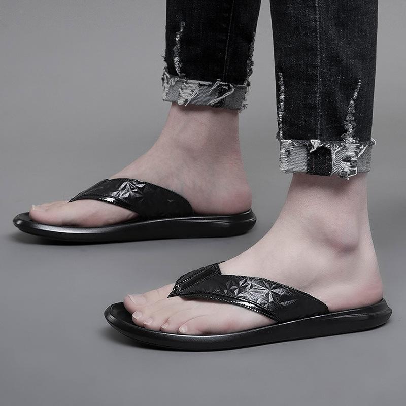 2801 Men'S Leather Flip-Flops Shoes Summer Toe Flat Bottom Outdoor Embossed Cowhide Surface Casual Sandals Cool Slippers