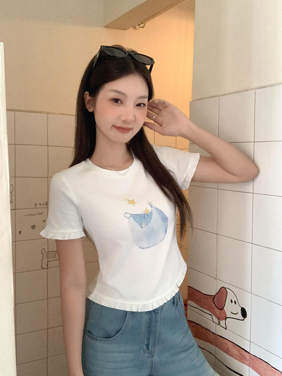 Summer beautiful fungus edge printing casual short-sleeved t-shirt women s summer new design slim-fit top S