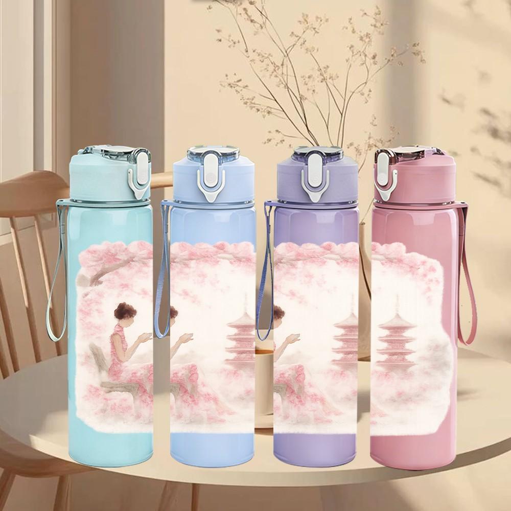 1PC Lady Pagoda Ink Wash Painting 750ml Color Plastic Sports Water Bottle Leakproof Flip Straw Lid For Sports Office Home Use