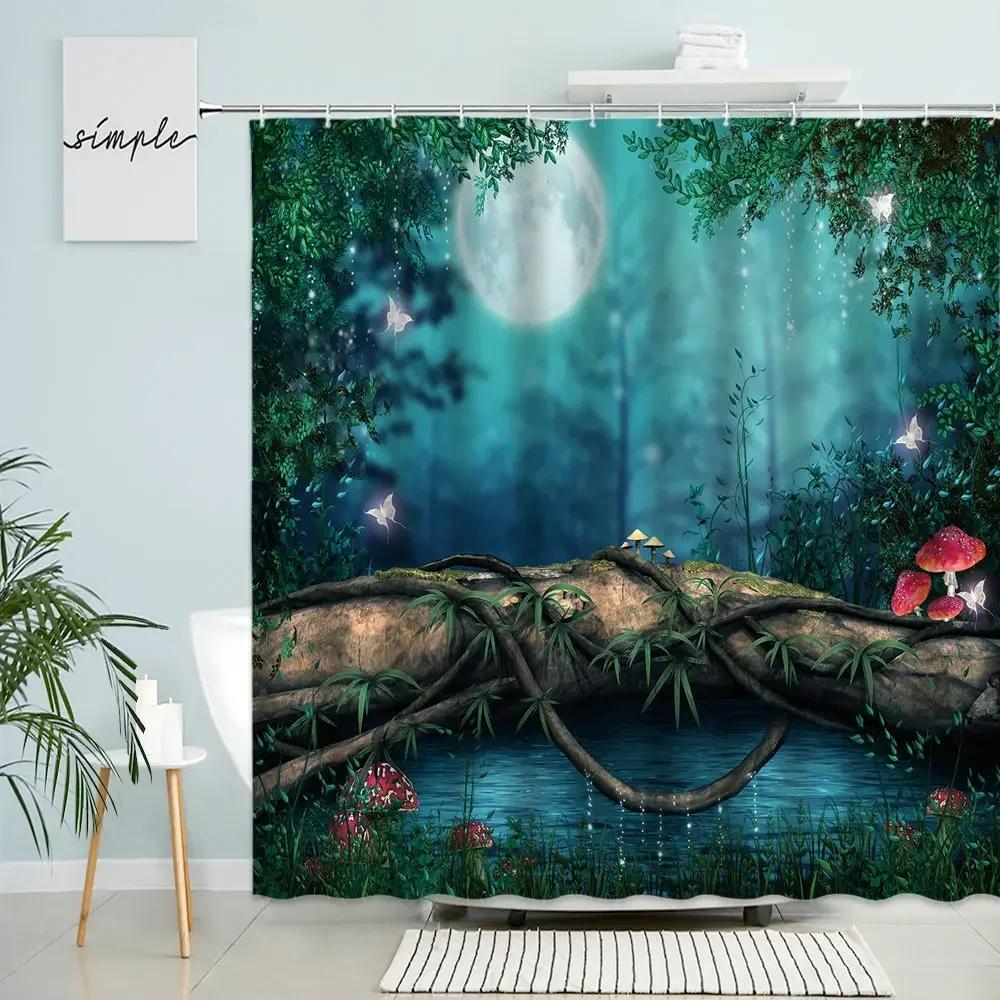 Cartoon Fantasy Forest Scenery Shower Curtain Fairy Tale Mushroom Plant Flower Child Bathroom Decor With Hook Waterproof Screen