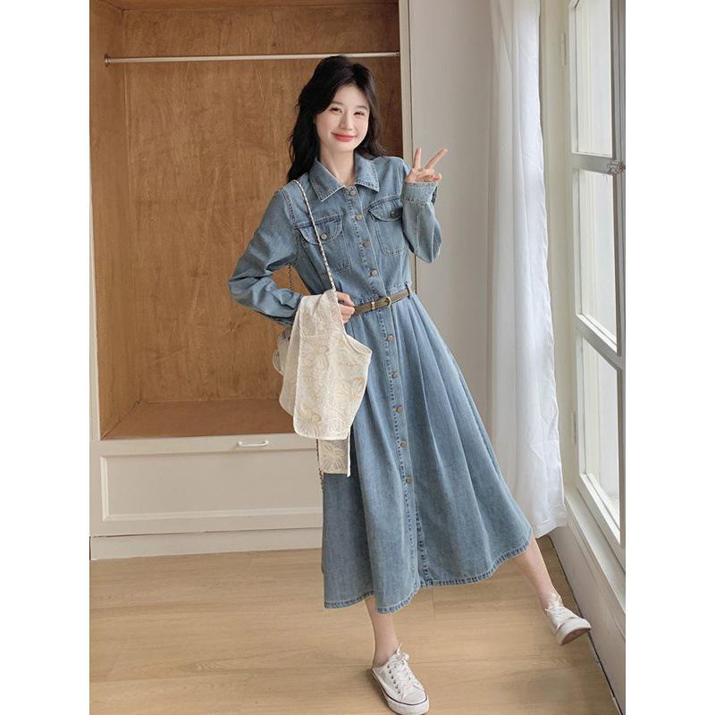 Blue Hong Kong Style Retro Denim Dress - Women's Autumn 2025 Waist-Cinching Shirt Dress, Age-Reducing & Fashionable