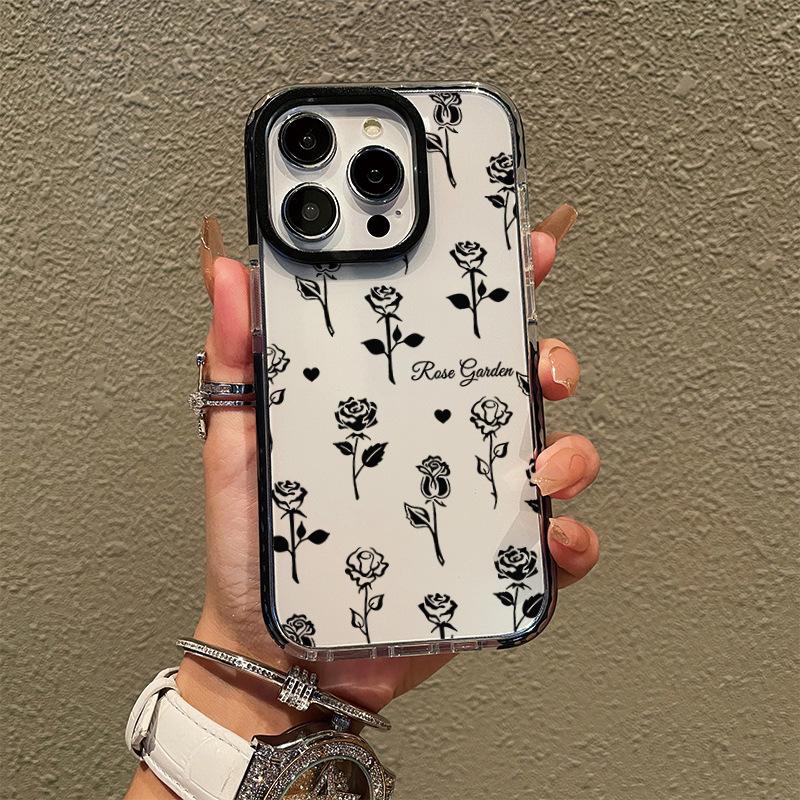 Ins wind black rose mobile phone case premium sketch flower iPhone17 promax anti-drop protective case
