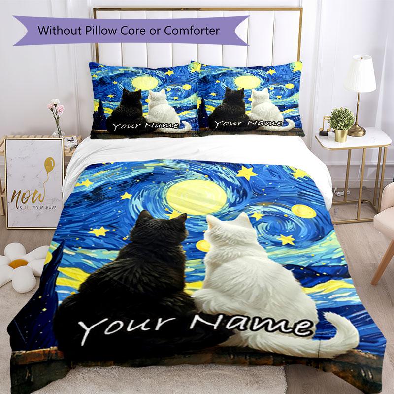 3PC Custom Name Night Sky Cats Bedding Set Printed Bedding Set Duvet Cover Closure Includes 1 Duvet Cover & 2 Pillowcases for All Seasons Bedroom