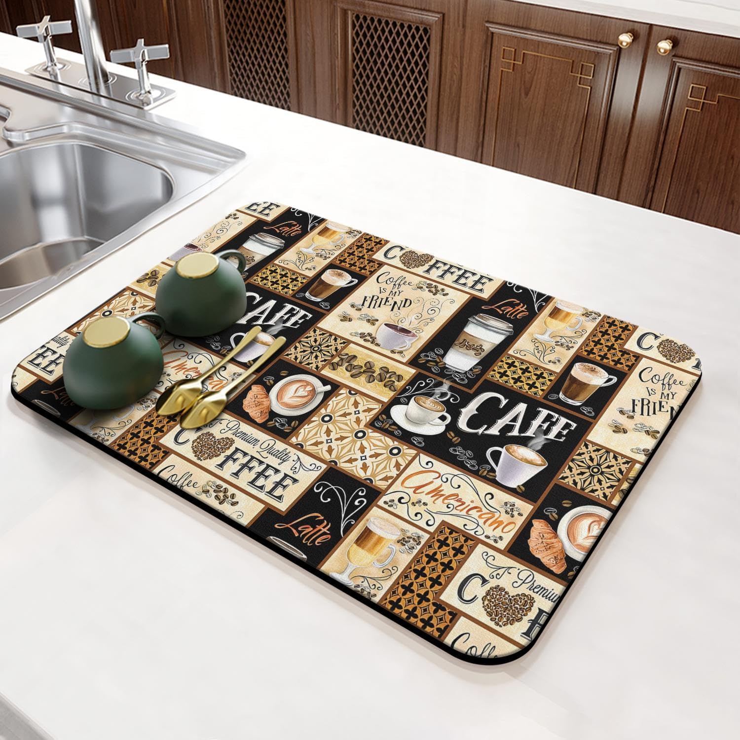 Vintage Nostalgic Coffee Bean World Map Absorbent Quick Clean Slip-Resistant Dish Drying Mat for Kitchen & Coffee Bar (as the picture,20x30cm)