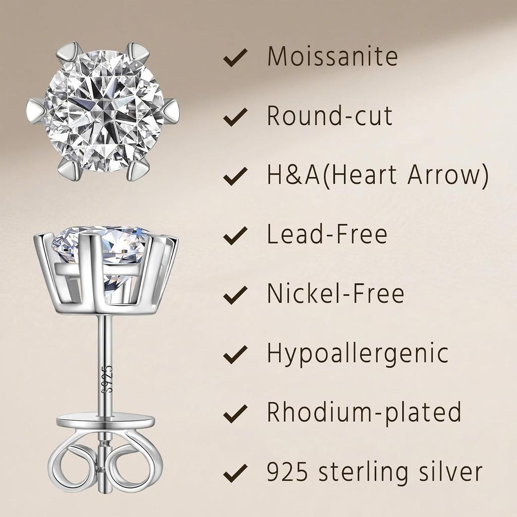 Moissanit Ohrstecker für Damen Herren, 925 Sterling Silber Ohrringe | Rund geschliffene im Labor hergestellte Moissanit Diamant Ohrstecker, Hypoallergen Rhodium