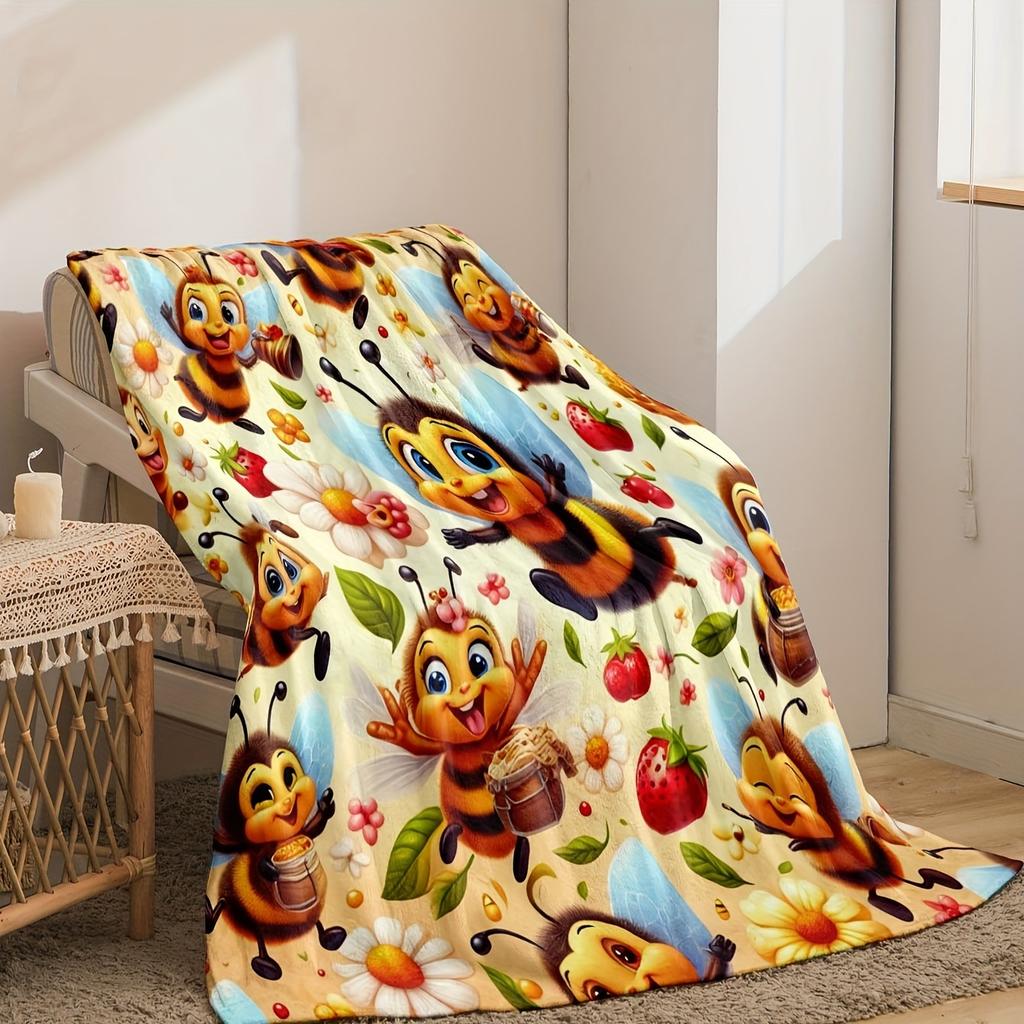 1pc Whimsical Bee Cartoon Fleece Throw Blanket Cozy Reversible All-Season Flannel with Vibrant Digital Print for Sofa & Room