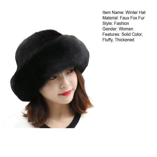 Women Hat Solid Color Fluffy Thickened Ear Protection Dome Winter Coldproof Elegant Russian Hat Faux Fur Headband Streetwear