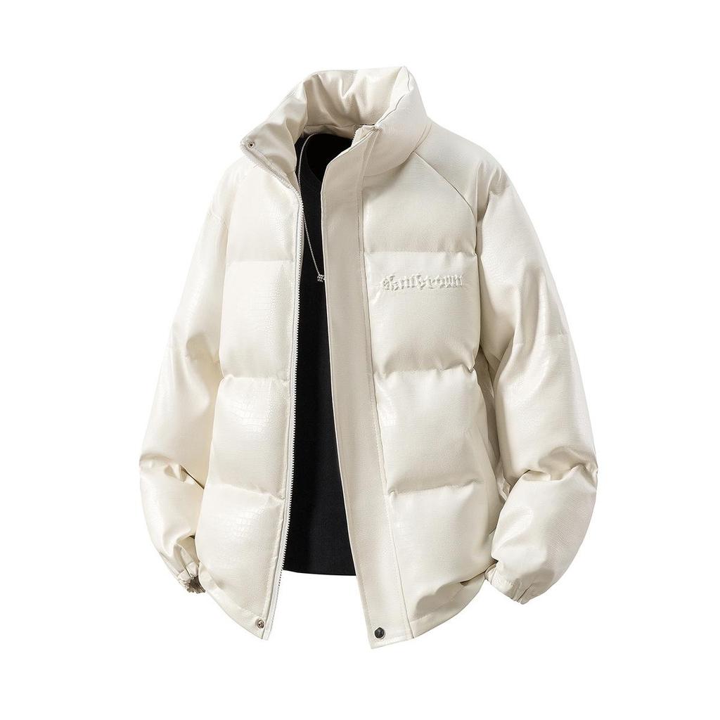 2025 Men's American Style Crocodile Pattern PU Leather Winter Jacket - Thick, Loose, Plus Size Cotton Coat