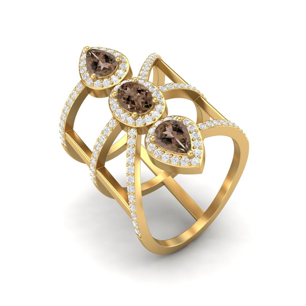 2.7 Ct Pear Smoky Quartz 925 Sterling Silver Gold Vermeil Vertical Long Finger Women Wedding Ring
