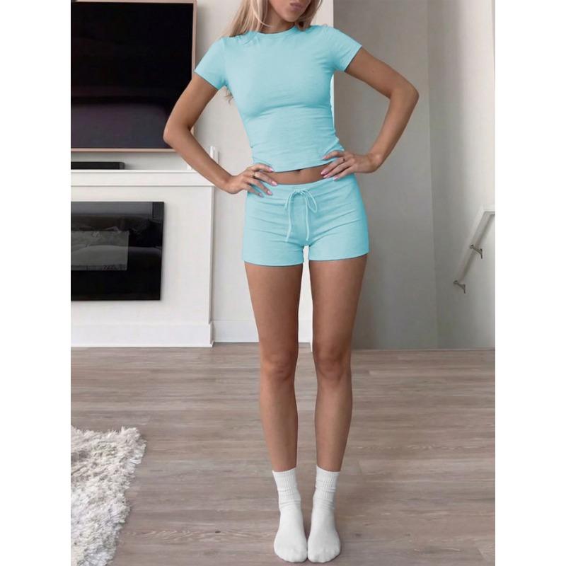 Women Solid Short Sleeve Round Neck T Shirt And Shorts Casual Two Piece Set