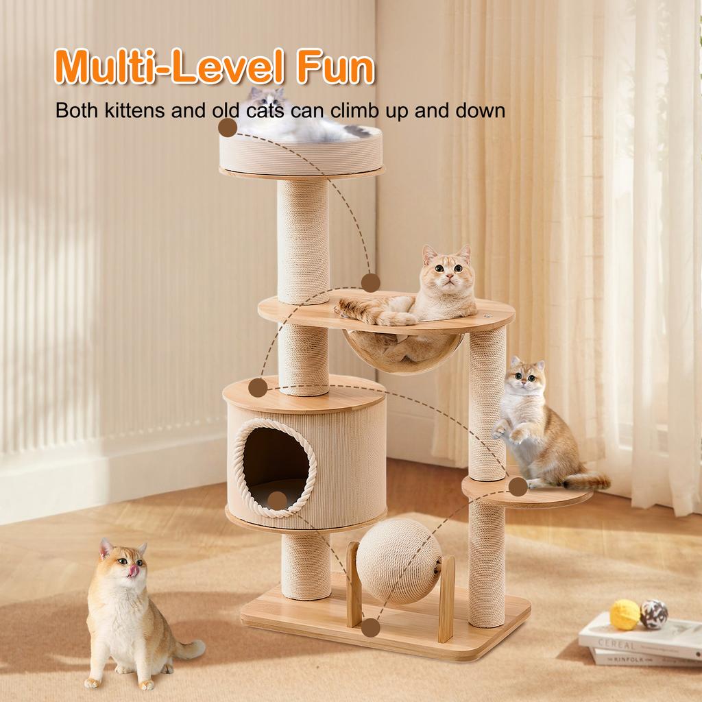 Large Cat Climbing Frame Multi-Level Solid Wood Cat Tower with Scratching Posts Integrated Kitten Furniture Activity Gym Center