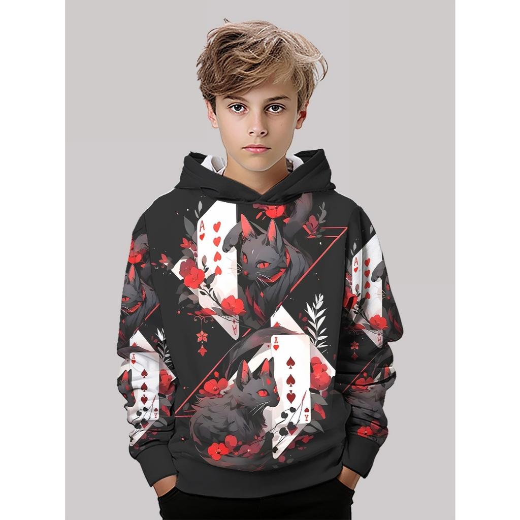 3D Digital Printed Dark Poker Red Rose Black Cat Pattern Hooded Sweatshirt, Fashionable and Trendy Children's Casual Clothing