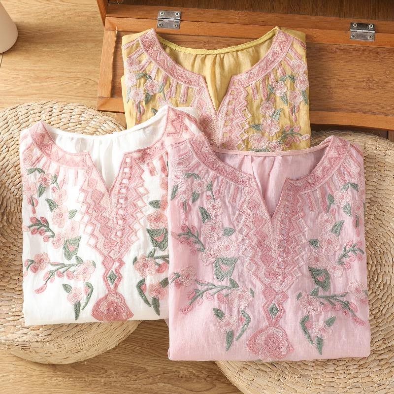 Chinese Style Women's Blouses Embroidered Vintage Shirts Loose Summer Clothing Short Sleeved Cotton Linen Women Tops