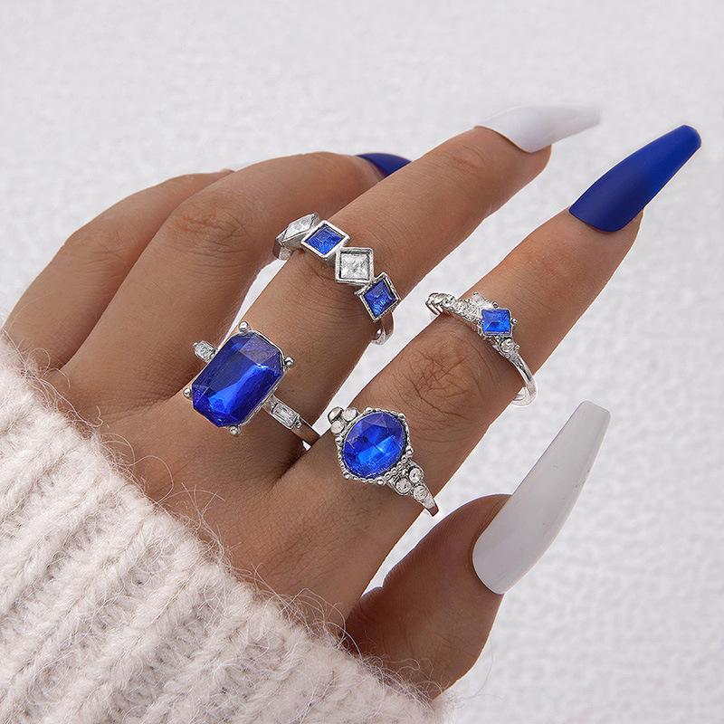 

Light luxury jewelry Colored diamond set four-piece ring Geometric imitation gemstone setting ring set