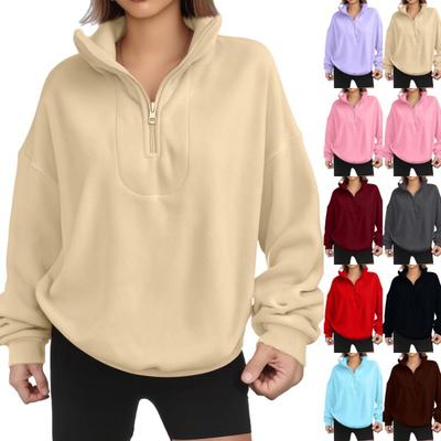 Fleece Lined Womens Sweatshirt Loose Pullover Long Sleeve Zipper Solid Color Fashion Hoodie