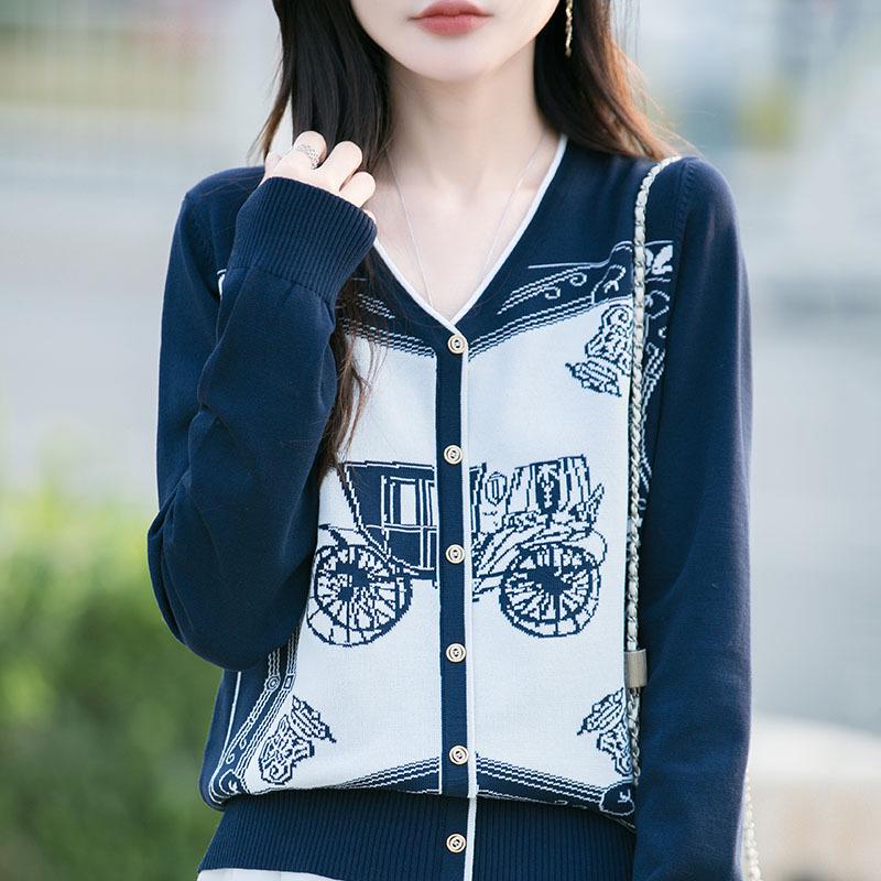 

Женский приталенный кардиган с V-образным вырезом и жаккардовым узором - С длинным рукавом, легкий осенний слой L [105-120 cm]