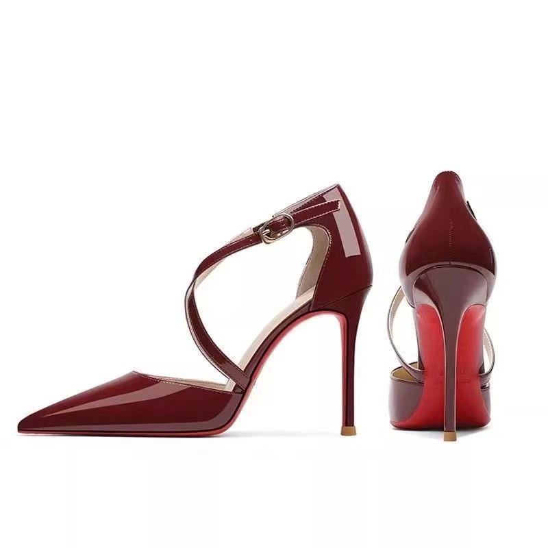 Banquet Simple Red Patent Leather Women's Hollow Sandals 2025 Autumn New Popular Thin Heel Pointed Burgundy High Heels