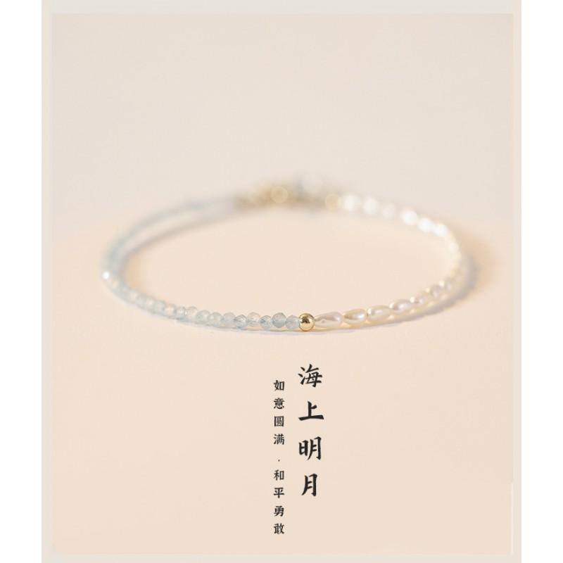 Womens Light Blue Natural Aquamarine Bracelet Ins Style Tiny Pearl Beaded Strand Ultra Thin 2mm Dainty Jewelry