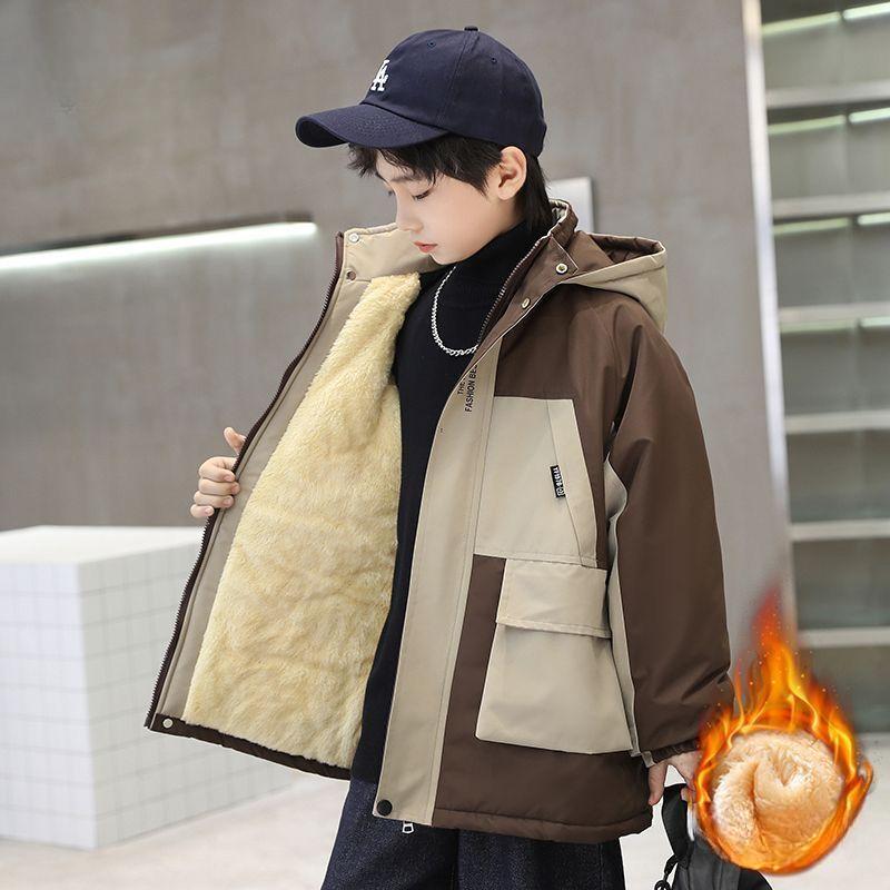 

Мальчиковая флисовая и утепленная куртка, зимняя куртка с капюшоном на хлопковой подкладке, детская модная ветровка 170cm