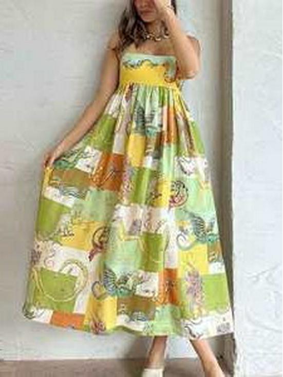 Frühling 2026 Europäisches & Amerikanisches Damenkleid mit Graffiti-Print - Sexy Spaghettiträger, Ärmellos, Großes Saumdesign