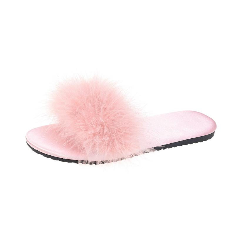 Summer Flat Bottom Furry Slippers Female Fashion Low Heel Sandal Drag Feather One Word Drag