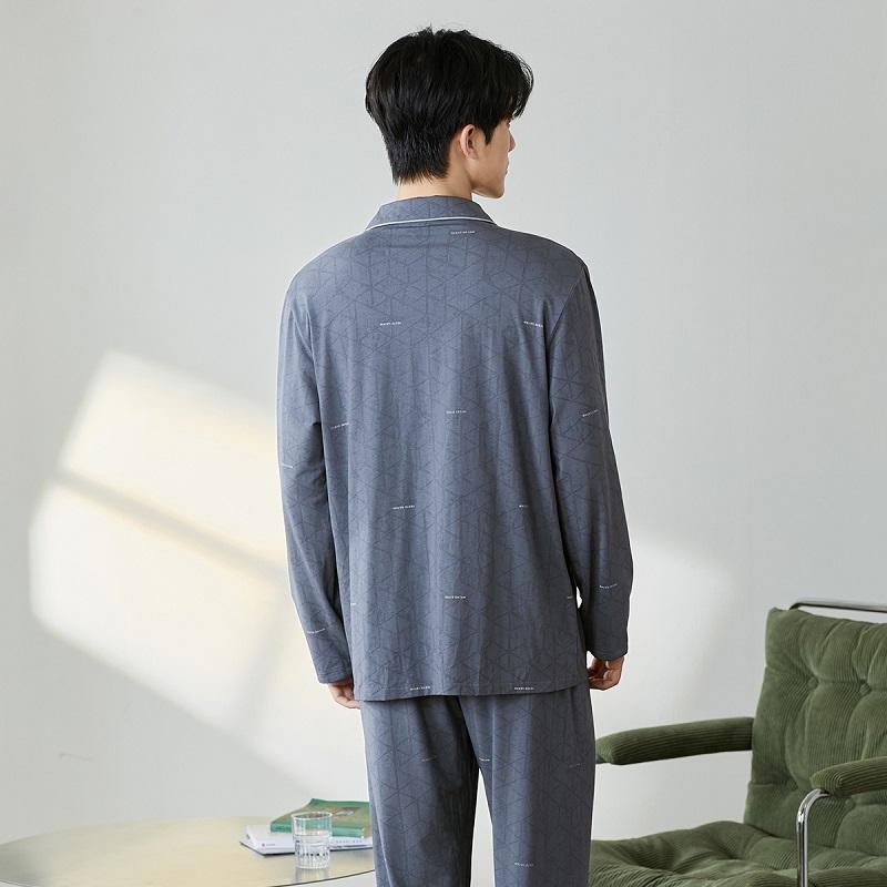 [Word of Mouth Hot Selling Item] Fenteng Classic Lapel Geometric Jacquard Gentleman Long Sleeved Home Suit Set Men's Pajamas