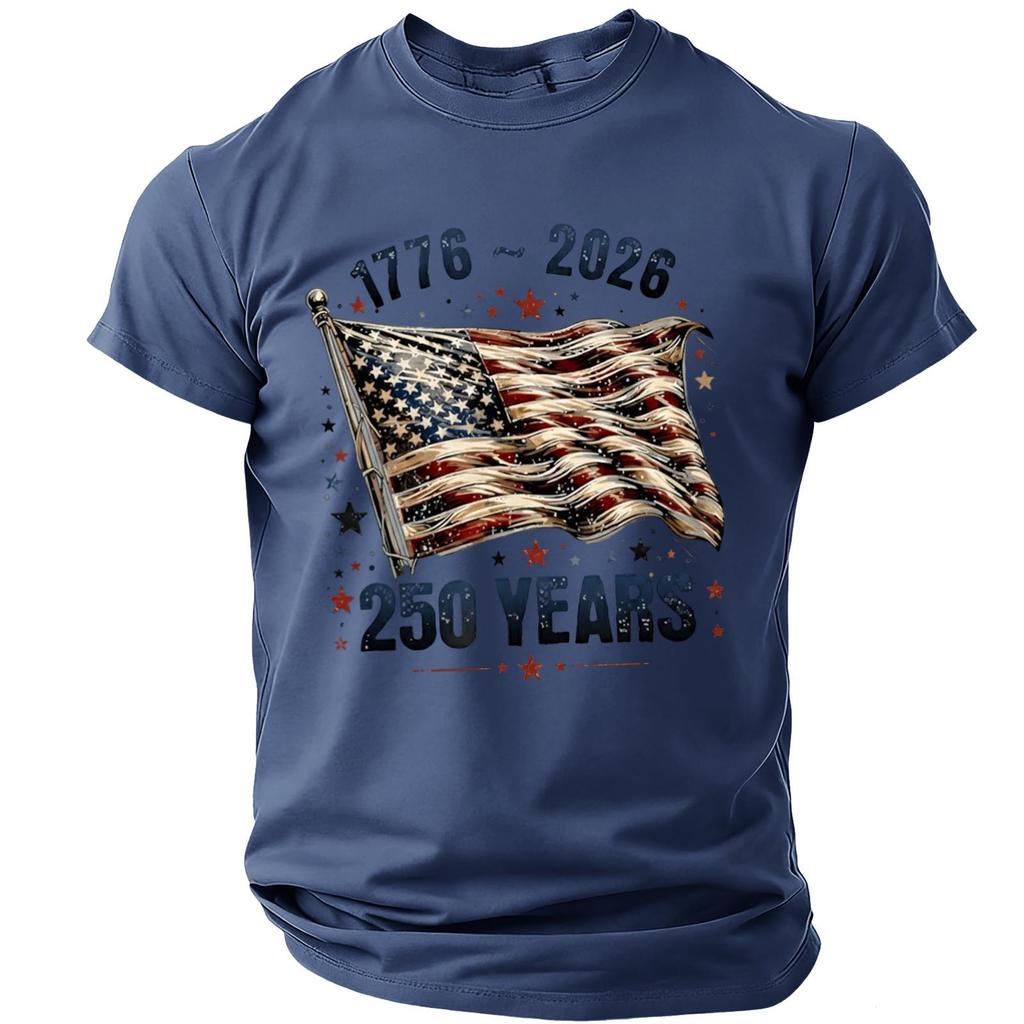 Men's Casual Short Sleeve Lightweight Breathable Crew Neck T-Shirt with Printed Graphic USA Flag and Anniversary Design 1776 to 2026 250 Years