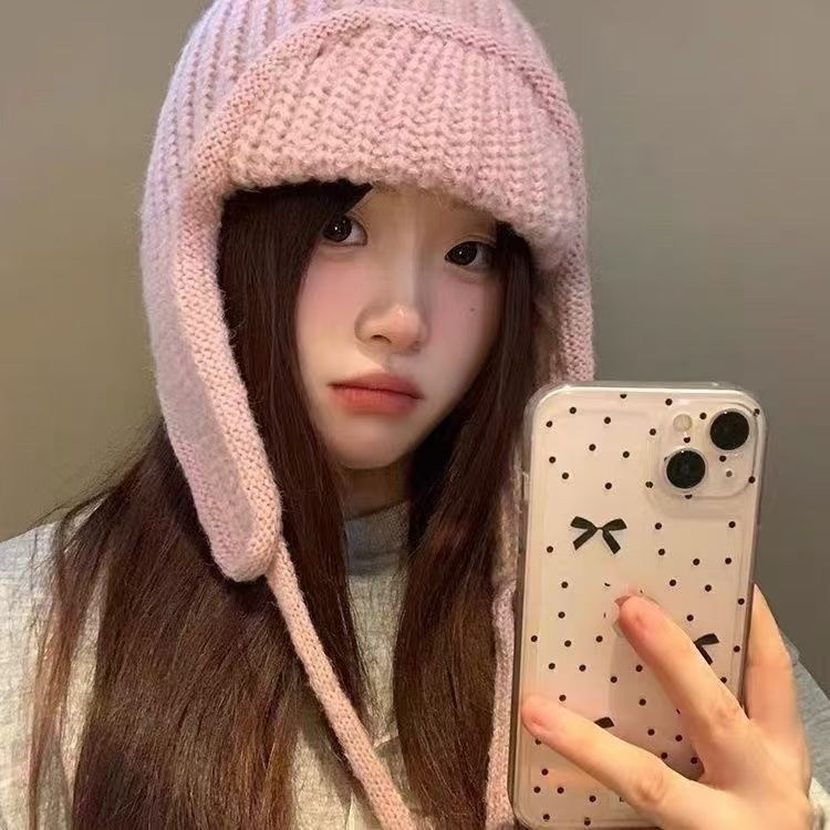 Korean ear protection flying hat versatile face small bag hat autumn and winter warm solid color lace-up knitted wool hat children
