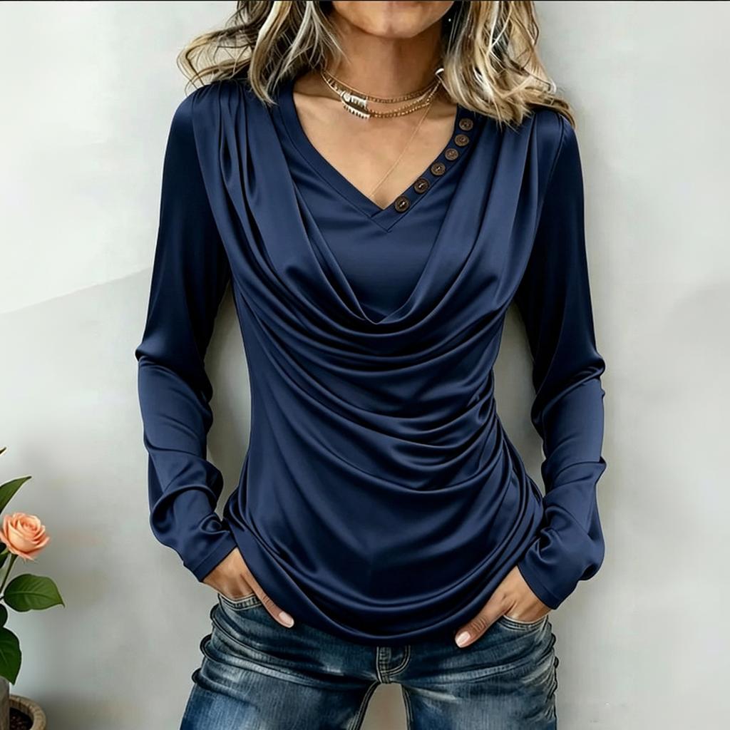 Women's Satin Long Sleeve Cowl Neck Blouse with Button for Work or Casual Wear